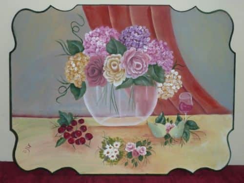 פרחים באגרטל זכוכית-ציור על עץ